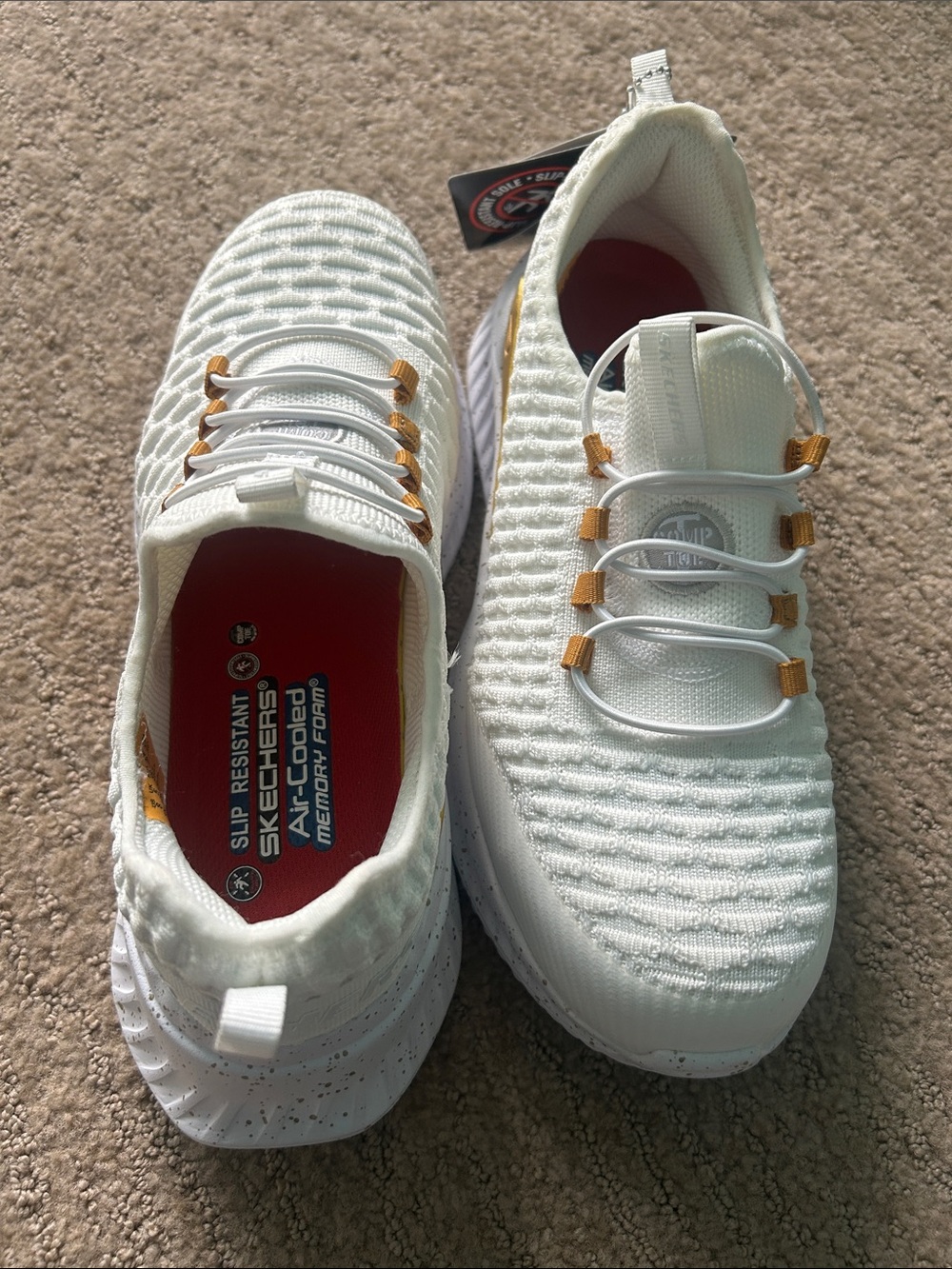 Skechers White Knit Slip-On Sneakers with Gold Accent Loops - Picture 5 of 13